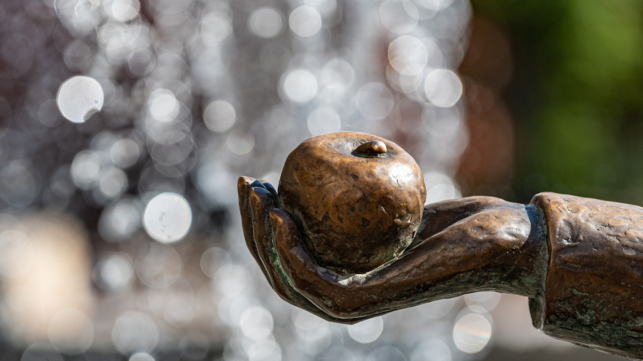 Die Hand der Marktfrau am Marktbrunnen von Haltern am See mit einem Apfel, © Michael David